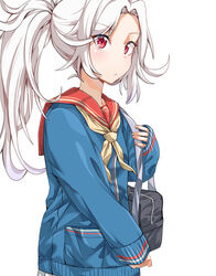  alternate_costume alternate_hairstyle bag blue_sweater breasts commentary_request dulldull female girls&#039;_frontline hair_up highres korean_commentary long_hair long_sleeves looking_at_viewer makarov_(girls&#039;_frontline) neckerchief ponytail red_eyes red_sailor_collar sailor_collar school_uniform serafuku shoulder_bag sleeves_past_wrists small_breasts solo sweater upper_body white_background white_hair yellow_neckerchief 