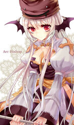  arch_bishop_(ragnarok_online) black_dress black_wings breasts brown_hat character_name cleavage_cutout closed_mouth clothing_cutout commentary_request cowboy_shot cross demon_wings deviruchi_hat dress female hat head_wings holding holding_staff juliet_sleeves long_hair long_sleeves looking_at_viewer lowres medium_breasts puffy_sleeves q_qree ragnarok_online red_eyes sash smile solo staff two-tone_dress white_dress white_hair wings yellow_sash 