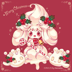  :d alcremie alcremie_(other_sweet) alcremie_(vanilla_cream) bell candy candy_cane christmas commentary dated english_commentary evolutionary_line food full_body happy holding holding_candy holding_candy_cane holding_food matchaneko merry_christmas milcery no_humans open_mouth photoshop_(medium) pokemon pokemon_(creature) red_eyes signature simple_background smile sparkle star_(symbol) 