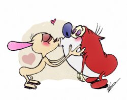  2014 blush canid canine canis chihuahua closed_eyes domestic_cat domestic_dog duo felid feline felis heart_symbol kiss_on_lips kissing male male/male mammal mouseren nickelodeon ren_and_stimpy ren_h&ouml;ek signature stimpy_j._cat toy_dog 