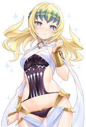  armlet ass_visible_through_thighs bare_shoulders black_shirt blue_eyes bracer breasts clenched_hands collar colored_eyelashes commentary_request covered_navel cowboy_shot diadem fate/grand_order fate_(series) female from_below highres impossible_clothes long_hair looking_at_viewer lowleg medium_breasts metal_collar pollux_(fate) robe shirt smile solo sparkle thighs tomo_(tmtm_mf_mf) white_background white_robe 