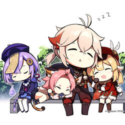  1boy 3girls ahoge animal_ear_fluff animal_ears antenna_hair arm_hug backpack bag bag_charm bangs_pinned_back bead_necklace beads bench black_headwear black_shorts blonde_hair boots braid brown_footwear brown_gloves brown_scarf cabbie_hat cape cat_ears cat_girl cat_tail charm_(object) chibi chinese_clothes clover_print coat coin_hair_ornament commentary_request detached_sleeves diona_(genshin_impact) dodoco_(genshin_impact) forehead genshin_impact gloves grey_hair hair_between_eyes hair_ornament hair_ribbon hat hat_feather hat_ornament highres hitodama japanese_clothes jewelry jiangshi kaedehara_kazuha klee_(genshin_impact) knee_boots light_brown_hair long_hair long_sleeves low_ponytail low_twintails multicolored_hair multiple_girls necklace ofuda park_bench pink_hair pointy_ears puffy_detached_sleeves puffy_shorts puffy_sleeves purple_hair qingdai_guanmao qiqi_(genshin_impact) randoseru red_coat red_headwear ribbon sasha_chii scarf short_hair shorts sidelocks single_braid sitting sleeping streaked_hair tail thighhighs twintails twitter_username two-tone_hair white_legwear zzz 