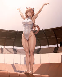  abs ai-generated animal_ear_fluff animal_ears arknights armpits arms_up balance_beam barefoot breasts covered_navel female full_body gravel_(arknights) gymnastics highres large_breasts leotard muscular muscular_female pink_eyes pink_hair pink_sky sky solo stadium tail twilled_wave white_leotard 