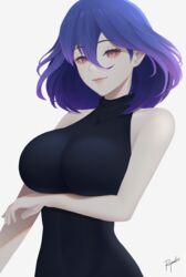  arm_under_breasts artist_name blue_hair breasts closed_mouth covered_navel dress female highres kinsou_no_vermeil large_breasts looking_at_viewer medium_hair multicolored_hair narrow_waist pale_skin purple_hair red_eyes ryumikooo signature simple_background sleeveless sleeveless_sweater sleeveless_turtleneck sleeveless_turtleneck_dress smile solo sweater turtleneck turtleneck_dress turtleneck_sweater two-tone_hair upper_body vermeil_(kinsou_no_vermeil) white_background 