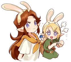  1boy blonde_hair blue_eyes brown_hair bunny_hood_(zelda) closed_mouth dress female hat kanyoko_(yuzukano_17) link long_hair looking_at_viewer malon open_mouth pointy_ears shield simple_background smile sword the_legend_of_zelda the_legend_of_zelda:_ocarina_of_time weapon 