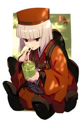  black_eyes blunt_bangs breasts chajinbou commentary_request cup disembodied_hand drinking drinking_straw echo_(circa) fate/grand_order fate_(series) female ghost_hands glaring grey_hair hat japanese_clothes kimono long_sleeves looking_at_viewer red_hat red_kimono sen_no_rikyu_(fate) sen_no_rikyu_(first_ascension)_(fate) shaded_face short_hair small_breasts solo tassel wide_sleeves 