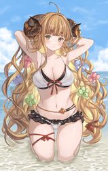  absurdres ahoge anila_(granblue_fantasy) anila_(summer)_(granblue_fantasy) arms_behind_head arms_up bare_shoulders beach bikini blonde_hair blue_sky blunt_bangs blush breasts cleavage closed_mouth cloud collarbone day draph female frilled_bikini frills granblue_fantasy hair_ornament hand_in_own_hair hands_in_hair highres horizon horns hoshido1214 large_breasts layered_bikini leg_ribbon light_smile long_hair looking_at_viewer navel ocean official_alternate_costume outdoors partially_submerged red_ribbon ribbon seiza sheep_horns short_eyebrows sidelocks sitting sky smile solo stomach swimsuit thick_eyebrows thigh_ribbon thighs very_long_hair water white_bikini yellow_eyes 