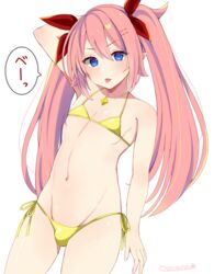  1boy bikini blue_eyes bow bulge crossdressing hair_between_eyes hair_ornament hairbow hairclip highres kaneshiro_matoi long_hair male_focus manana_(matoi1111) micro_bikini navel original otoko_no_ko pink_hair red_bow side-tie_bikini_bottom swimsuit tongue tongue_out twintails very_long_hair yellow_bikini 