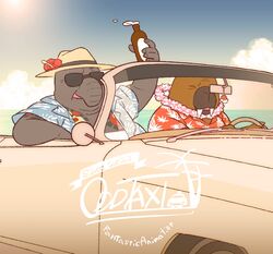  2022 aloha_shirt anthro brown_body car closed_eyes clothed clothing cloud detailed_background driving duo eyewear hat headgear headwear hi_res hiroshi_odokawa_(odd_taxi) humanoid_hands inside_car kemono kuroda_(odd_taxi) male mammal marine odd_taxi open_clothing open_shirt open_topwear osansyoup outside overweight overweight_male pattern_clothing pattern_shirt pattern_topwear pinniped shirt sitting sun sunglasses tapir topwear vehicle walrus water 