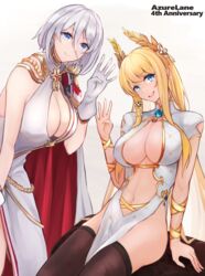  2girls :d anniversary arm_support azur_lane bare_shoulders black_thighhighs blonde_hair blue_eyes breasts cape center_opening china_dress chinese_clothes cleavage closed_mouth clothing_cutout commentary_request cowboy_shot cross cross_earrings dress earrings epaulettes evening_gown gloves gold_trim hair_between_eyes halter_dress halterneck head_wreath highres iron_blood_(emblem) jewelry large_breasts long_hair looking_at_viewer marshall_k multiple_girls navel official_alternate_costume open_mouth pelvic_curtain ribbon short_hair short_sleeves sidelocks simple_background sitting skindentation sleeveless sleeveless_dress smile standing stomach_cutout teeth thighhighs tirpitz_(azur_lane) tirpitz_(iron_blood_snowstorm)_(azur_lane) upper_teeth_only very_long_hair victorious_(azur_lane) victorious_(guidance_of_the_spring_goddess)_(azur_lane) white_background white_cape white_dress white_gloves white_hair wrist_ribbon 