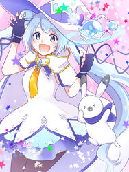  &gt;_&lt; 1other aoiyui black_legwear blue_bow blue_eyes blue_gloves blue_hair blue_ribbon blue_skirt bow cloak commentary cowboy_shot dress female fingerless_gloves gloves hair_ribbon hands_up hat hat_bow hatsune_miku holding holding_wand light_blue_hair long_hair looking_at_viewer necktie open_mouth pantyhose rabbit rabbit_yukine ribbon signature skirt sleeveless sleeveless_dress smile snowflake_hat_ornament star_(symbol) suki!_yuki!_maji_magic_(vocaloid) treble_clef twintails very_long_hair vocaloid wand waving white_cloak white_dress white_headwear witch_hat yellow_necktie yuki_miku yuki_miku_(2014) 