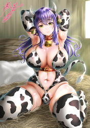  2021 animal_ears animal_print arms_behind_head bell bikini breasts chinese_zodiac choker cow_ears cow_girl cow_horns cow_print cow_print_bikini cow_tail cowbell elbow_gloves female full_body gloves highres horns huge_breasts kasugano_tobari long_hair looking_at_viewer neck_bell original print_bikini purple_hair shiny_skin signature solo swimsuit tag tail thighhighs year_of_the_ox 