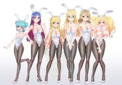  6+girls alternate_costume animal_ears aqua_hair black_pantyhose blue_eyes blue_hair blush bow bowtie breasts bursting_breasts bust_chart cargo_net cleavage clenched_hand closed_mouth detached_collar double_bun fake_animal_ears fake_tail fletcher_(kancolle) full_body gambier_bay_(kancolle) glasses grey_background hair_between_eyes hair_bun hand_on_own_hip high_heels highres holding houston_(kancolle) kantai_collection large_breasts leotard light_brown_hair long_hair medal medium_breasts mikan_29344886 multicolored_hair multiple_girls neck_ribbon northampton_(kancolle) one_eye_closed open_mouth pantyhose playboy_bunny rabbit_ears rabbit_tail red_hair ribbon samuel_b._roberts_(kancolle) short_hair simple_background small_breasts smile south_dakota_(kancolle) standing star_(symbol) tail w white_bow white_bowtie white_footwear white_hair white_leotard white_ribbon wrist_cuffs 