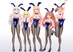  5girls ahoge alternate_costume animal_ears arm_up black_nails black_pantyhose blue_bow blue_bowtie blue_eyes blue_footwear blue_leotard blue_necktie blush bow bowtie braid breasts brown_hair cleavage colorado_(kancolle) detached_collar fake_animal_ears full_body gradient_background gradient_hair grey_background grey_hair hair_between_eyes hand_on_own_hip high_heels highres intrepid_(kancolle) iowa_(kancolle) johnston_(kancolle) kantai_collection large_breasts leg_up leotard long_hair medium_breasts mikan_29344886 multicolored_hair multiple_girls nail_polish necktie one_eye_closed open_mouth pantyhose playboy_bunny ponytail purple_eyes rabbit_ears short_hair simple_background smile standing star_(symbol) strapless strapless_leotard two_side_up washington_(kancolle) 