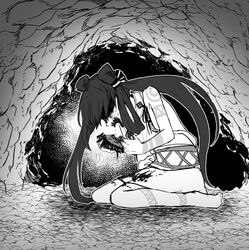  arm_tattoo backless_dress backless_outfit barefoot blood blood_on_clothes blood_on_face blood_on_hands cave cave_interior crying dress eating fate/grand_order fate_(series) female food full_body greyscale hair_ribbon head_down holding holding_food iyo_(fate) leg_tattoo long_hair meat monochrome profile ribbon royst sash shaded_face sitting sleeveless sleeveless_dress solo tattoo tears twintails wariza 