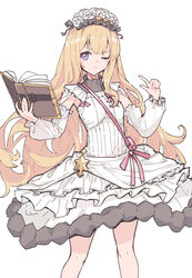  absurdres blonde_hair book book_strap cagliostro_(granblue_fantasy) closed_mouth detached_sleeves dress english_commentary feet_out_of_frame female flower frown granblue_fantasy hair_flower hair_ornament hairband highres holding holding_book index_finger_raised layered_dress long_hair looking_at_viewer lyrinne one_eye_closed open_book purple_eyes simple_background sleeveless sleeveless_dress solo white_background white_dress 