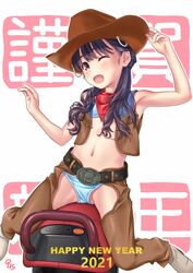  aoi_kumiko bad_id bad_twitter_id bandana belt bikini black_hair blue_bikini brown_hat brown_vest chaps commentary_request cowboy_hat female hair_over_shoulder happy_new_year hat highres inactive_account kerchief long_hair new_year one_eye_closed original red_bandana red_eyes riding riding_machine side-tie_bikini_bottom solo swimsuit text_background vest white_background 