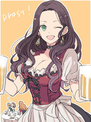  1boy 2girls ;d alcohol alternate_costume apron beer beer_mug bodice border breasts brown_hair choker cleavage cup dirndl dorothea_arnault dress drunk earrings ferdinand_von_aegir fire_emblem fire_emblem:_three_houses german_clothes german_commentary german_text green_eyes holding holding_cup jewelry large_breasts long_hair manuela_casagranda mug multiple_girls one_eye_closed open_mouth puffy_short_sleeves puffy_sleeves short_sleeves simple_background smile solo_focus tenjin_(ahan) waist_apron waitress white_border yellow_background 