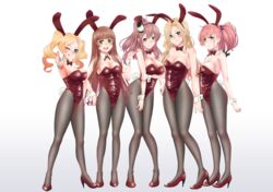  5girls :q alternate_hairstyle anchor_hair_ornament animal_ears atlanta_(kancolle) black_pantyhose blue_eyes blush bow bowtie breasts brown_hair closed_mouth detached_collar drill_hair earrings fake_animal_ears fake_tail full_body gradient_background green_eyes grey_background hair_between_eyes hair_bobbles hair_ornament hand_on_own_hip helena_(kancolle) high_heels high_side_ponytail highres honolulu_(kancolle) hornet_(kancolle) jewelry kantai_collection large_breasts leotard long_hair mikan_29344886 multiple_girls one_eye_closed open_mouth pantyhose pink_hair playboy_bunny ponytail rabbit_ears rabbit_tail red_bow red_bowtie red_footwear red_leotard saratoga_(kancolle) simple_background single_earring smile smokestack_hair_ornament standing star_(symbol) star_earrings strapless strapless_leotard tail tongue tongue_out twin_drills twintails two_side_up wrist_cuffs 