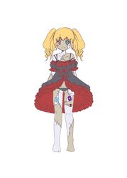  ass_visible_through_thighs bare_shoulders barefoot black_dress black_panties blonde_hair blood blue_eyes character_request closed_mouth commentary_request dress extra_eyes female frilled_dress frills full_body heart heart-shaped_pupils heterochromia highres long_hair looking_at_viewer nagai_gojitsudan_no_nechronica nail_polish off-shoulder_dress off_shoulder omase_(mnnk_umai) panties patchwork_skin pink_nails puffy_short_sleeves puffy_sleeves red_eyes ringlets short_sleeves simple_background smile solo standing stitches symbol-shaped_pupils twintails underwear white_background 