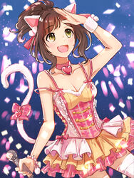  animal_ears arm_up armpits bare_shoulders blush bow bracelet breasts brown_hair cat_ears cat_tail choker cleavage collarbone confetti dress fake_animal_ears fake_tail female frilled_dress frills glowstick green_eyes hair_ornament hair_ribbon heart heart_choker highres holding holding_microphone idolmaster idolmaster_cinderella_girls idolmaster_cinderella_girls_starlight_stage jewelry large_breasts layered_dress looking_up maekawa_miku medium_hair microphone oerba_yun_fang open_mouth pink_choker pink_dress ponytail ribbon short_dress smile solo tail thighhighs tori_ririisu white_thighhighs wristband zettai_ryouiki 