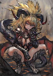  absurdres animal_ears between_legs blonde_hair blue_eyes boots breasts chest_harness cleavage commentary elbow_on_knee embers female full_body gauntlets hand_between_legs harness highres horizontal_pupils horns large_breasts long_hair low_wings monster_girl oerba_yun_fang original parted_lips sabamiso_taro shoulder_spikes skin_fang snake solo spikes spread_legs squatting wings 