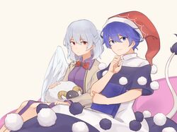  2girls :3 absurdres angel_wings beige_jacket blue_eyes blue_hair book bow bowtie doremy_sweet dream_soul dress expressionless grey_hair hair_between_eyes hat highres idaku kishin_sagume long_sleeves looking_at_viewer multiple_girls pom_pom_(clothes) purple_dress red_bow red_bowtie red_eyes santa_hat sheep short_hair short_sleeves single_wing sitting stuffed_animal stuffed_toy tail tapir_tail touhou wings 