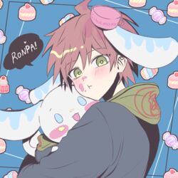  1boy :d ahoge blush blush_stickers brown_eyes brown_hair candy candy_print commentary danganronpa_(series) doll food from_side hair_between_eyes heart hood hood_down hug looking_at_viewer male_focus naegi_makoto open_mouth porary rabbit short_hair smile speech_bubble upper_body 