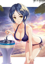  bare_shoulders beach bikini blue_bikini blue_hair blue_nails blush breasts cleavage cloud collarbone commentary_request faucet female fountain halterneck hamahama hayami_kanade highres idolmaster idolmaster_cinderella_girls leaning_forward looking_at_viewer medium_breasts nail_polish outdoors parted_bangs photoshop_(medium) short_hair side-tie_bikini_bottom smile solo standing swimsuit thighs water wet yellow_eyes 