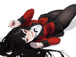  :d bad_id bad_twitter_id black_hair black_pantyhose black_skirt blunt_bangs blush breasts commentary dongho_kang female highres hime_cut hyakkaou_academy_school_uniform jabami_yumeko jacket kakegurui kemonomimi_mode large_breasts long_hair long_sleeves looking_at_viewer lying miniskirt nail_polish neck_ribbon on_back open_mouth pantyhose paw_pose pleated_skirt red_eyes red_jacket red_nails ribbon school_uniform shirt simple_background skirt smile solo upside-down very_long_hair white_background white_shirt 