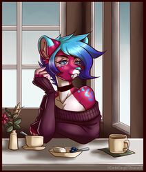  anthro beverage blue_eyes blue_hair blue_nose border clothing container corkiicorgii cup cutlery detailed_background digital_media_(artwork) felid feline female food fur glistening glistening_hair hair half-length_portrait inside kitchen_utensils mammal pink_body pink_fur plant portrait red_border sabertooth_(disambiguation) shaded short_hair signature soft_shading solo spoon sweater tea tools topwear window 