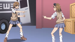  2girls absurdres anti-skill brown_eyes brown_hair brown_sweater brown_sweater_vest brown_vest car clenched_hand closed_mouth emblem goggles goggles_on_head head-mounted_display highres index_finger_raised loafers loose_socks marvel medium_hair meme misaka_imouto misaka_mikoto motor_vehicle multiple_girls outstretched_arm parody pleated_skirt pointing pointing_at_another pointing_spider-man_(meme) police_car police_vehicle pout scene_reference school_uniform shoes siblings sisters skirt sleeveless sleeveless_sweater socks spider-man_(series) summer_uniform sweater sweater_vest tanny_v toaru_kagaku_no_railgun toaru_majutsu_no_index tokiwadai_school_uniform van vest 