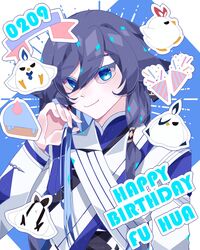  black_hair blue_eyes character_name closed_mouth female fu_hua fu_hua_(azure_empyrea) fu_hua_(taixuan_impression) happy_birthday highres honkai_(series) honkai_impact_3rd jingwei_(bird) korean_commentary long_hair long_sleeves looking_at_viewer looking_back myokko190714 shirt smile solo sticker white_shirt 