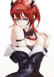  aiv arknights arm_strap bare_shoulders black_dress black_jacket breasts cleavage closed_mouth dress female highres horns jacket long_hair long_sleeves looking_at_viewer medium_breasts open_clothes open_jacket purple_eyes red_hair self_hug simple_background solo surtr_(arknights) upper_body white_background 