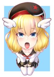  ash_arms at-1_(ash_arms) bad_id bad_pixiv_id beret blonde_hair blue_eyes blush breasts c-clock collarbone commentary_request fangs female foreshortening from_above hair_ornament hat head_wings highres looking_at_viewer medium_hair open_mouth oral_invitation outside_border pantyhose sailor_collar saliva school_uniform seiza simple_background sitting small_breasts solo tongue tongue_out tsurime v_arms white_pantyhose wings 