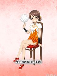  :o balancing_on_finger ball bare_legs blush bracer breasts brown_eyes brown_hair character_name china_dress chinese_clothes cleavage cleavage_cutout clothing_cutout commentary_request crossed_legs dress female flame_print girls_und_panzer girls_und_panzer_senshadou_daisakusen! hair_ribbon high_collar holding holding_ball kawanishi_shinobu legs no_socks official_alternate_costume official_art on_chair parted_lips pink_background print_dress puffy_short_sleeves puffy_sleeves red_footwear ribbon shoes short_dress short_hair short_ponytail short_sleeves small_breasts sneakers solo star_(symbol) swept_bangs thighs translated volleyball watermark white_dress wooden_chair yellow_ribbon 