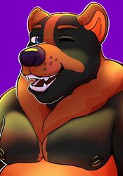  13titoazazel 2022 anthro bear black_body black_fur blue_eyes fur hyper_vanito_(confusedursid) male mammal orange_body orange_fur purple_background purple_nose simple_background solo 