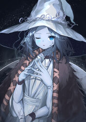  bad_id bad_pixiv_id blue_eyes blue_hair blue_skin breasts cloak colored_skin commentary cracked_skin doll_joints dress elden_ring extra_arms extra_faces female fur_cloak glowing_tattoo hat highres joints large_hat lazu0721 long_hair looking_at_viewer one_eye_closed parted_bangs parted_lips ranni_the_witch small_breasts solo white_dress white_hat witch witch_hat 