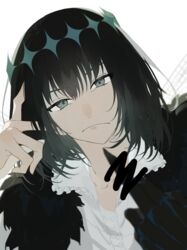  1boy absurdres black_hair cape censored censored_gesture collared_shirt diamond_hairband dragonfly_wings dress_shirt fate/grand_order fate_(series) frilled_shirt_collar frills frown fur-trimmed_cape fur_trim grey_eyes hair_between_eyes highres male_focus middle_finger nostrils oberon_(fate) oberon_(third_ascension)_(fate) romo827 shirt short_hair simple_background solo upper_body white_background 