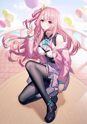  bad_id bad_pixiv_id balloon black_footwear black_pantyhose blue_bow blue_bowtie bow bowtie breasts cleavage closed_mouth commentary emily_stock female full_body hairbow highres holding holding_balloon jacket legs long_hair long_sleeves looking_at_viewer medium_breasts on_one_knee one_side_up original pantyhose pink_hair pink_jacket purple_skirt red_eyes ririko_(zhuoyandesailaer) shoes skirt smile solo yellow_bow 