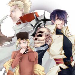  2boys armor belt black_pants black_shirt blonde_hair blue_eyes blue_hair brown_eyes cape elendira_the_crimsonail female grin hand_up legato_bluesummers long_hair millions_knives multiple_boys pants ryugun shirt shoulder_armor skull smile trigun white_background 