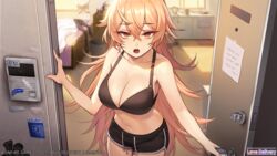  black_bra black_shorts blonde_hair blurry blurry_background bra breasts cleavage collarbone commentary copyright_name cowboy_shot day dolphin_shorts doorway english_commentary eyelashes female hair_between_eyes hair_flaps highres intercom korean_text kwon_latte large_breasts long_hair looking_at_viewer love_delivery mmlyno navel no_shirt official_art open_door open_mouth orange_eyes short_shorts shorts solo standing stomach sunlight translation_request trash_bag underwear veins veiny_breasts watermark 