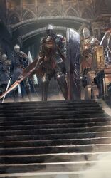  4others ambiguous_gender armor commentary_request dark_souls_(series) facing_viewer full_armor helm helmet highres holding holding_polearm holding_shield holding_sword holding_weapon indoors lothric_knight mono_(jdaj) multiple_others polearm realistic shield spear stairs sword tower_shield weapon 