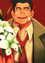  1boy absurdres bandage_on_face bandages black_hair blood blood_on_clothes blood_on_flower closed_eyes collared_shirt dick_gumshoe facial_hair goatee_stubble green_jacket gyakuten_saiban happy highres jacket male_focus mature_male necktie object_behind_ear open_mouth red_background red_necktie shirt simple_background solo stubble symbolism teeth thick_eyebrows upper_body white_lily white_shirt zhanzidan 