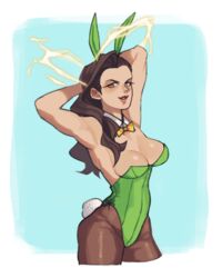  animal_ears arms_up asymmetrical_hair braid breasts brown_eyes brown_hair cleavage cornrows detached_collar electricity fake_animal_ears female green_leotard highres laura_matsuda leotard long_hair nappooz pantyhose playboy_bunny rabbit_ears solo street_fighter street_fighter_v 