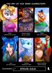  absurd_res ambient_sealife anthro arthropod avian banjo-kazooie banjo_(banjo-kazooie) beak bear berri bird blonde_hair blue_body blue_eyes blue_fur breasts breegull brown_body brown_fur clothed clothing conker&#039;s_bad_fur_day crab crustacean decapoda diddy_kong_racing dinosaur_planet donkey_kong_(series) english_text feathered_wings feathers felid feline female fur green_eyes grey_body grey_fur ground_squirrel group hair headgear headwear hi_res human jet_force_gemini kazooie krystal_(dinosaur_planet) malacostracan male mammal marine meme nintendo open_mouth pantherine rareware rodent sciurid sea_of_thieves simple_background six_fanarts_challenge smile stevie_cole text tiger timber_the_tiger vela_(jet_force_gemini) wings 