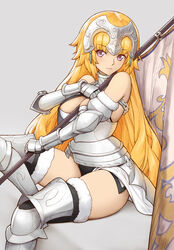  alternate_hairstyle armor armored_boots banner bare_shoulders black_thighhighs blonde_hair boots breasts chains closed_mouth commentary fate/apocrypha fate/grand_order fate_(series) female fur-trimmed_legwear fur_trim gauntlets grey_background grey_footwear headpiece highres holding invisible_chair jeanne_d&#039;arc_(fate) jeanne_d&#039;arc_(third_ascension)_(fate) long_hair looking_at_viewer medium_breasts no_pants revision simple_background sitting smile solo thigh_boots thighhighs thighhighs_under_boots thighs tsuki_suigetsu very_long_hair 