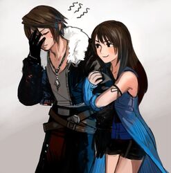  1boy arm_warmers bike_shorts black_hair blue_arm_warmers blush brown_eyes brown_hair closed_eyes closed_mouth commentary dress female final_fantasy final_fantasy_viii fur_trim gloves jacket jewelry long_hair necklace rinoa_heartilly sasumata_jirou simple_background sleeveless sleeveless_duster smile squall_leonhart sweatdrop 