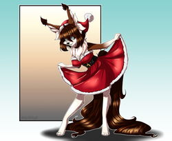  2020 anthro belt blue_eyes brown_body brown_fur brown_hair canid canine canis christmas christmas_clothing clothing corkiicorgii domestic_dog dress female fur hair hat hazelnut_yui_(character) hazelnut_yui_(hazelkisses) headgear headwear herding_dog holidays long_tail looking_at_viewer mammal mane pastoral_dog sheepdog shetland_sheepdog short_hair simple_background solo tail tricolor tufted_ears 