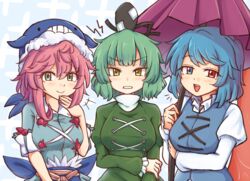  3girls animal_hat black_headwear blue_background blue_eyes blue_hair blue_headwear blue_shirt blue_vest blush breasts commentary dress eyelashes frilled_sleeves frills green_dress green_eyes green_hair hair_between_eyes hand_up hat heterochromia holding holding_umbrella juliet_sleeves large_breasts long_sleeves looking_at_viewer multiple_girls okunoda_miyoi outfit_connection pink_hair puffy_sleeves purple_umbrella red_eyes shirt short_hair short_sleeves smile soga_no_tojiko tatara_kogasa tate_eboshi touhou umbrella upper_body vest whale_hat white_shirt wool_(miwol) 